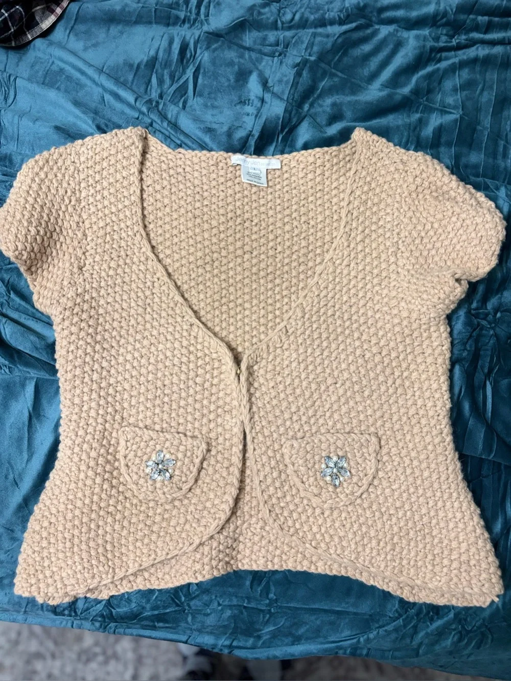 Crystal-Pocket Short-Sleeve Knit Cardigan in Light Beige